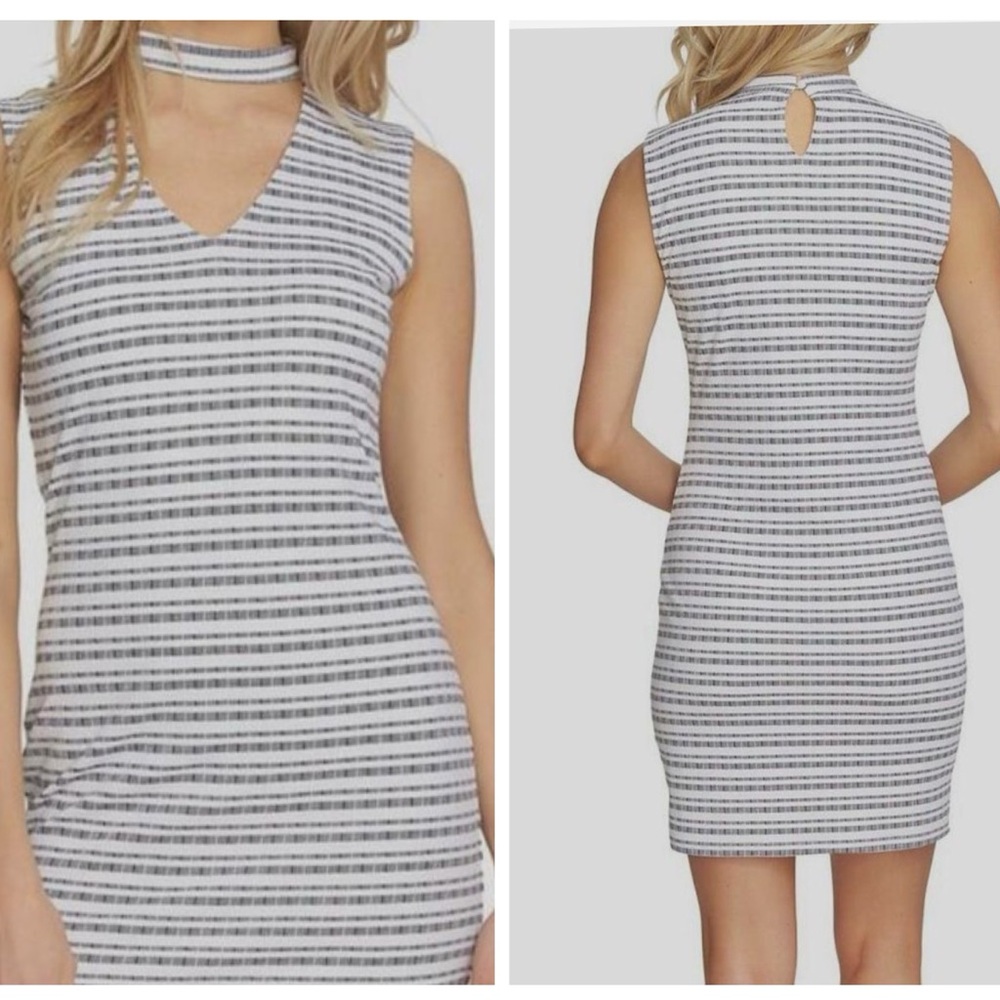 1.State Women's Black White Striped Sleeveless Choker Neck Bodycon Dress M
